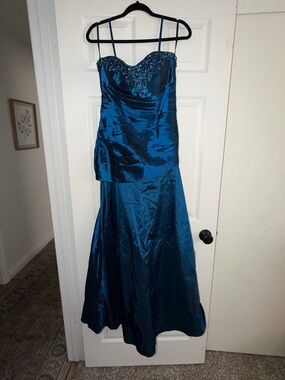 Teal Beaded Strap Evening Gown - Women Dresses